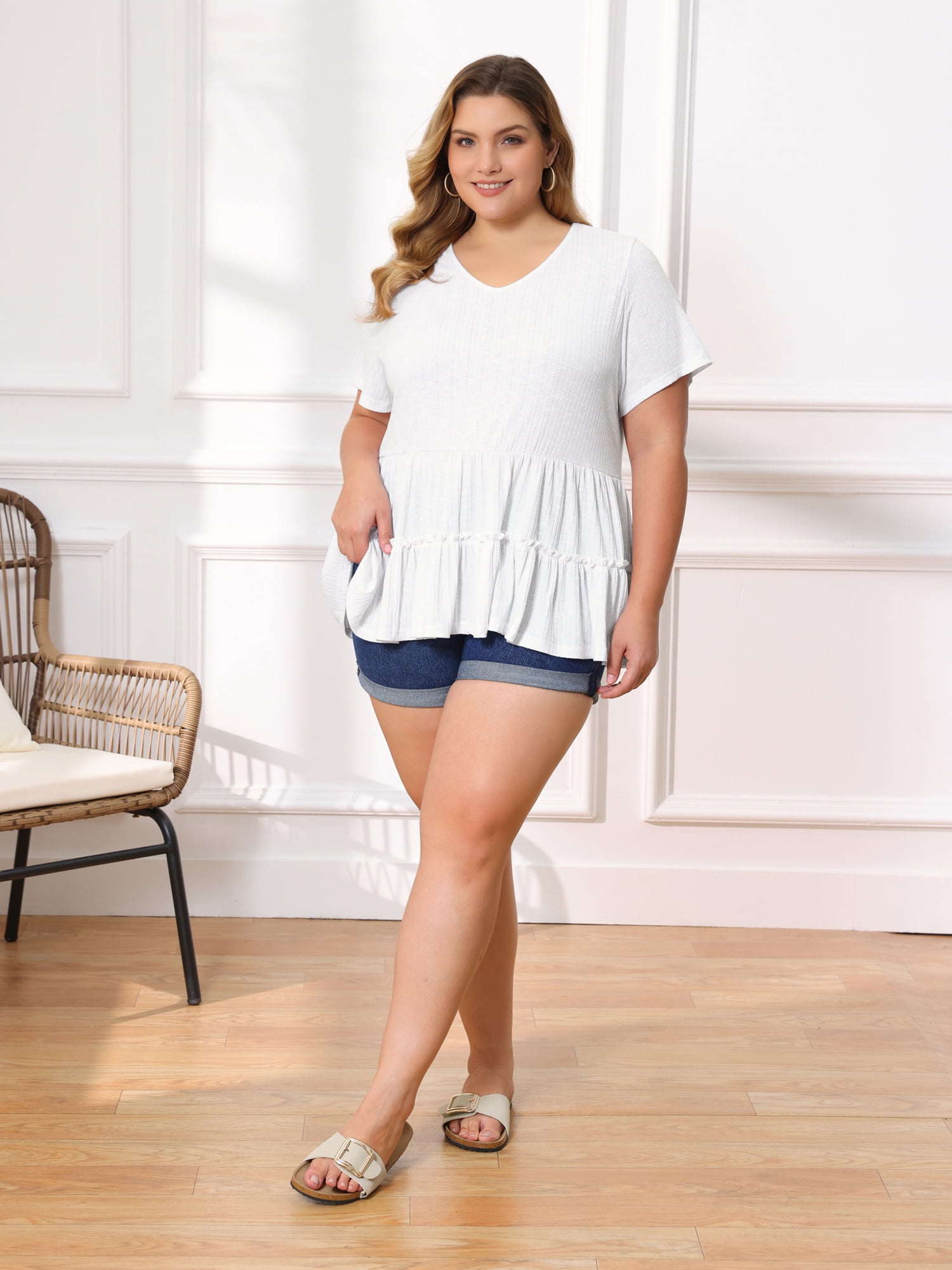 DARING DIVA Women's Plus Babydoll Tops V Neck Casual Loose Fit Blouses 2X White