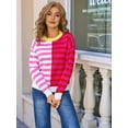 thumbnail image 3 of Women'S Crewneck Color Clock Striped Cable Knit Sweaters for Trendy Fall Outfits Rose Red L, 3 of 7