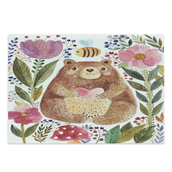 Watercolor Flower Cutting Board, Bear Flowers and Bee Animal Nature Modern Illustration, Decorative Tempered Glass Cutting and Serving Board, Large Size, Multicolor, by Ambesonne