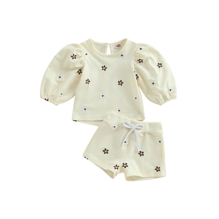 

Baby Girls Summer 2Pcs Outifts Embroidery Flower Puff Short Sleeve O-Neck T-shirt Shorts