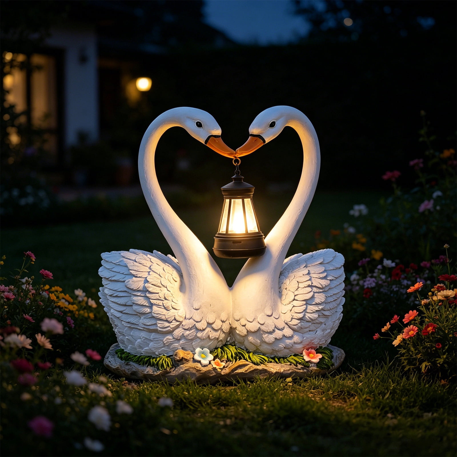 Resin Swan Couple Garden Statue with Solar LED Lantern Waterproof Outdoor Love Heart Sculpture Romantic Yard Art Night Light