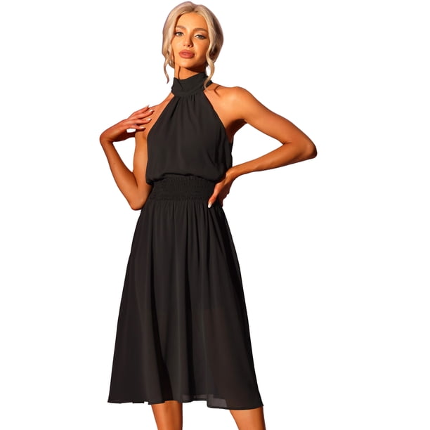 Vestido largo de cóctel sin mangas con cuello halter y lazo en la espalda para mujer Negro XL