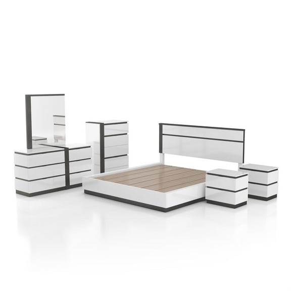 FOA Misti 6pc White Wood Bedroom Set-Queen 2 Nightstands Chest Dresser Mirror