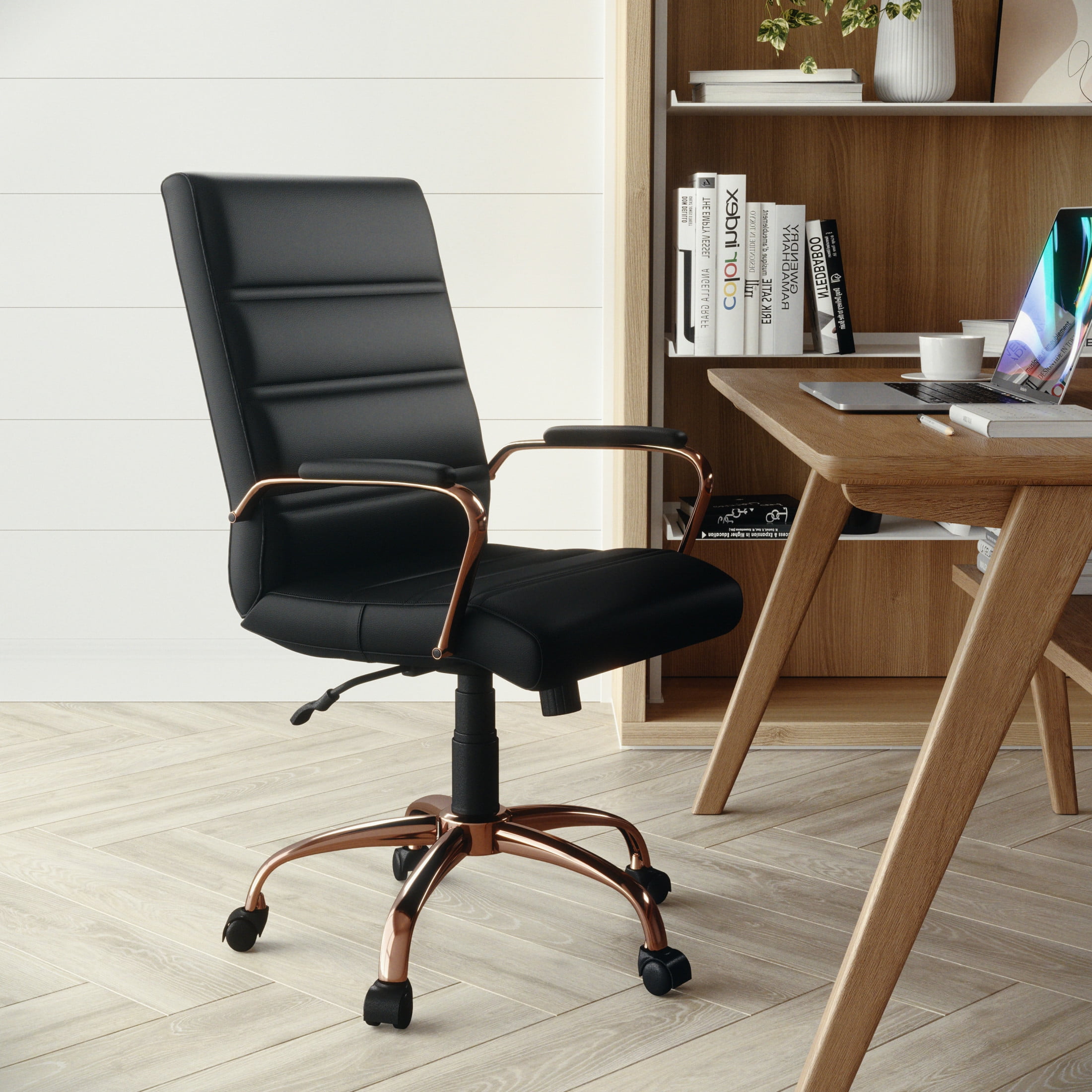 Flash Furniture Whitney Mid-Back Swivel LeatherSoft Desk Chair with Armrests, Black/Rose Gold