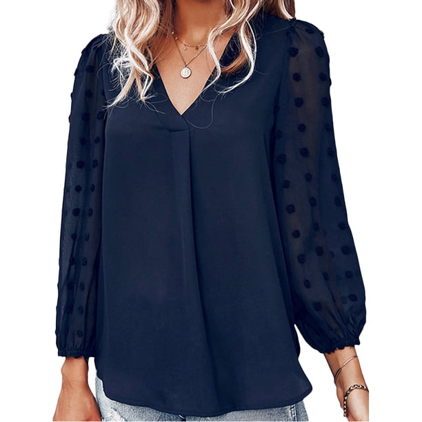 SAYOO - Camiseta de cuello en V de color sólido para mujer, blusa holgada de manga larga con decoración de flores, suéter holgado SAYOO Moda