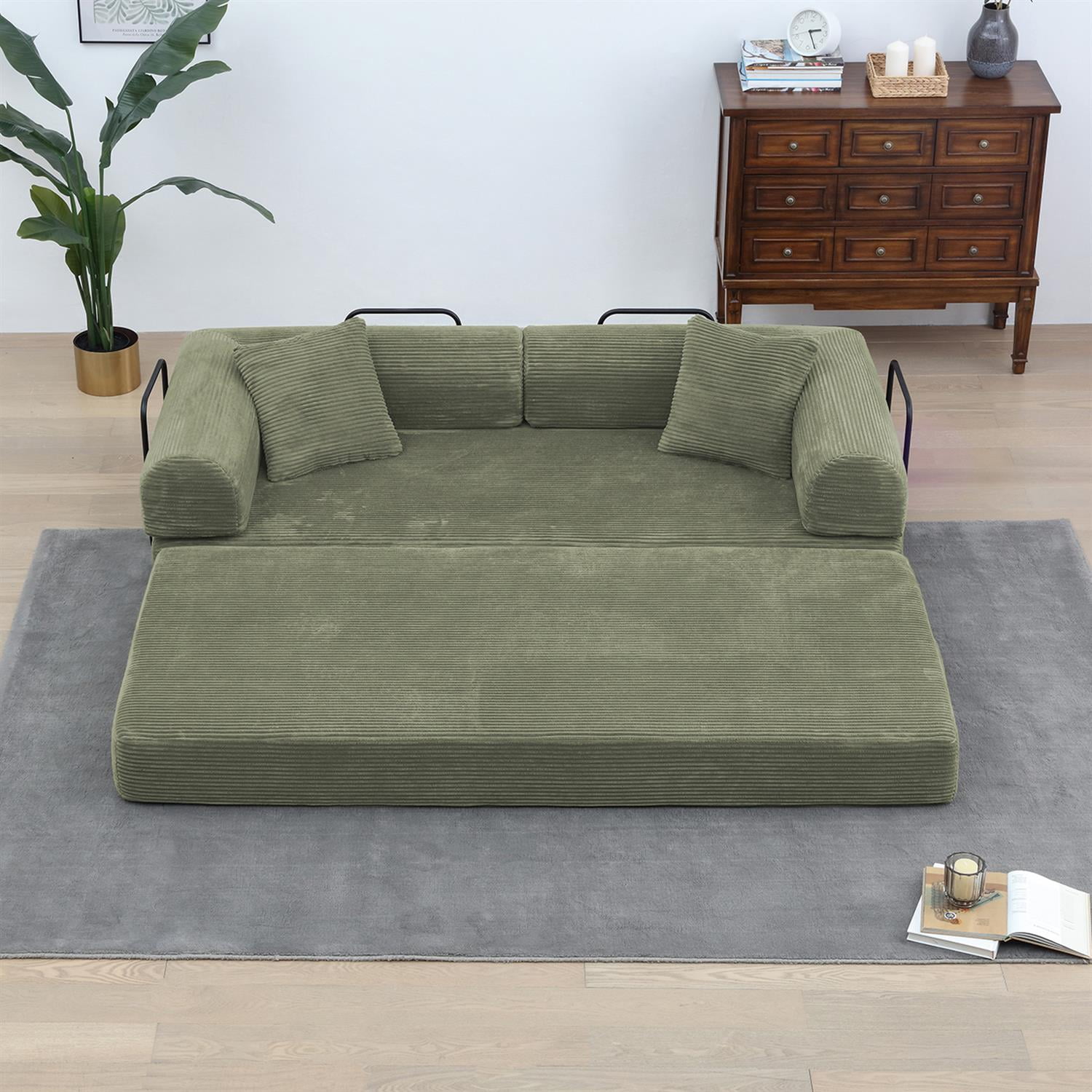 Demi Bonn 77" Convertible Sleeper Sofa Bed, Corduroy Foldable Mattress Couch with Cylindrical Pillow & Fixed Frame for Living Room, Bedroom, Light Green