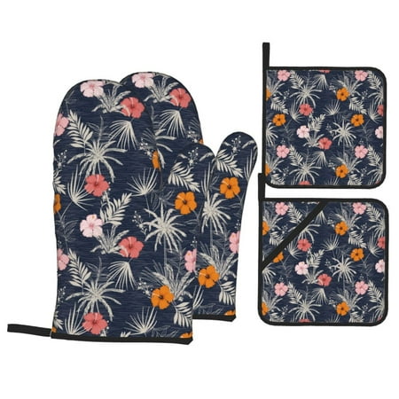 

Oven Mitts and Pot Holders Sets 4 pcs Retro Hawaiian Style Non-Slip Oven Gloves Potholders Soft Quilted Lining Heat Resistant Gloves Hot Pads for Kitchen Cooking Baking
