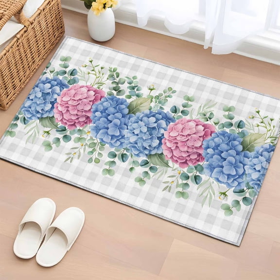 Blue Pink Hydrangea Entryway Rug 2'x3' Non Slip Front Door Mats, Eucalyptus Leaves Grey Plaid Entrance Rugs Indoor Outdoor Carpet, Washable Floor Mats Small Area Rug for Bedroom Kitchen