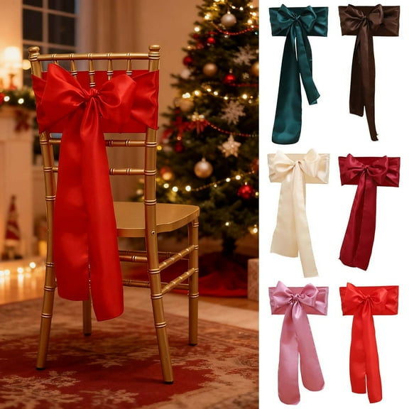 Boovnll Christmas Bows Chair Cover, Large Satin Bows Christmas Chair Covers for Winter Holiday Dinning Room Party Decor, Christmas Decorations, Red