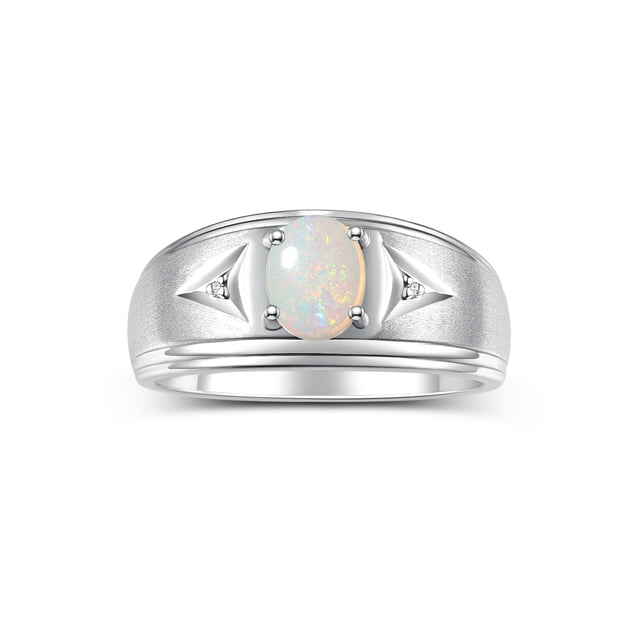 RYLOS Men's Rings 14K White Gold Classic 8X6MM Oval Gemstone & Diamond Designer Ring Opal October Birthstone Rings For Man Gold Rings Size 11