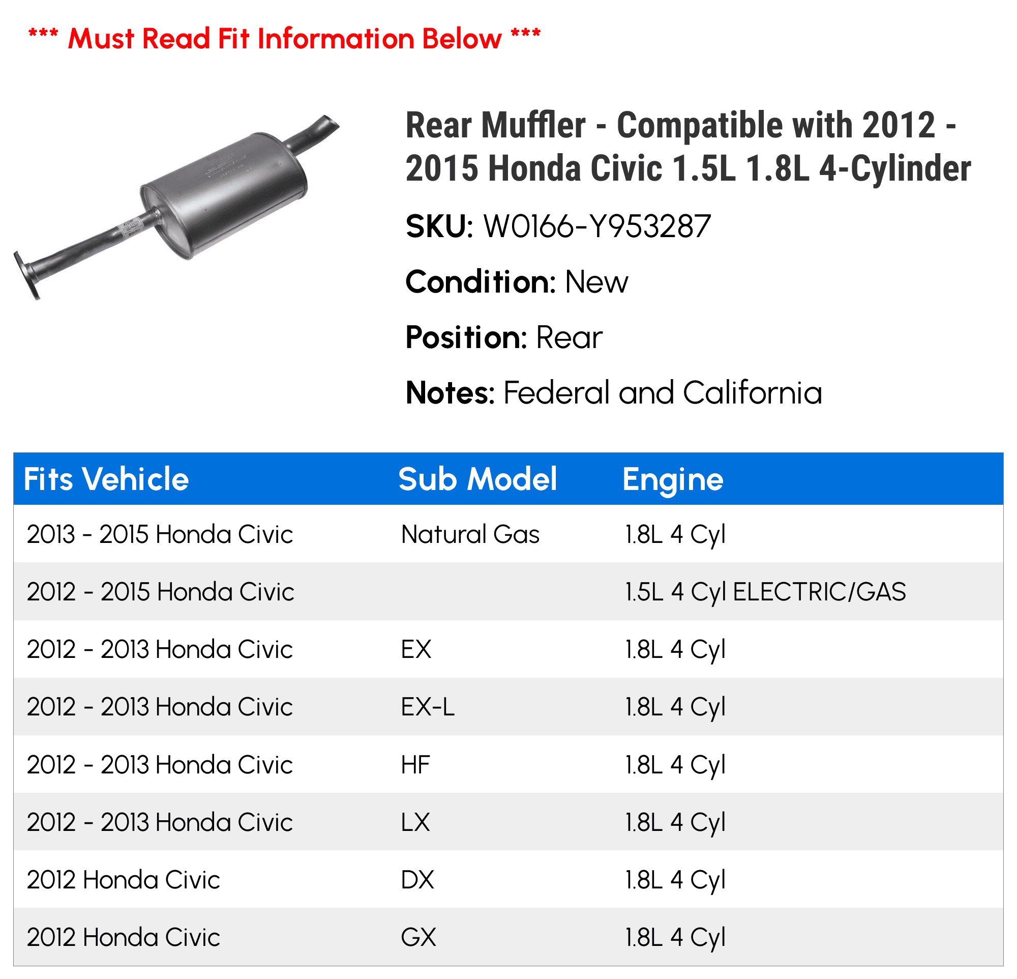 Rear Muffler - Compatible with 2012 - 2015 Honda Civic 1.5L 1.8L 4-Cylinder 2013 2014