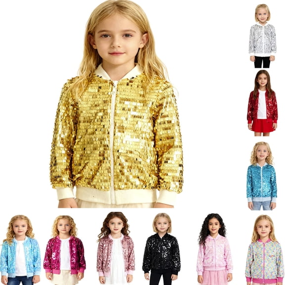 Lkhaha Girls Boys Sequin Bomber Jacket Sparkly Zip-Up Coat Kids Disco Party Outerwear Black 11-12 Years