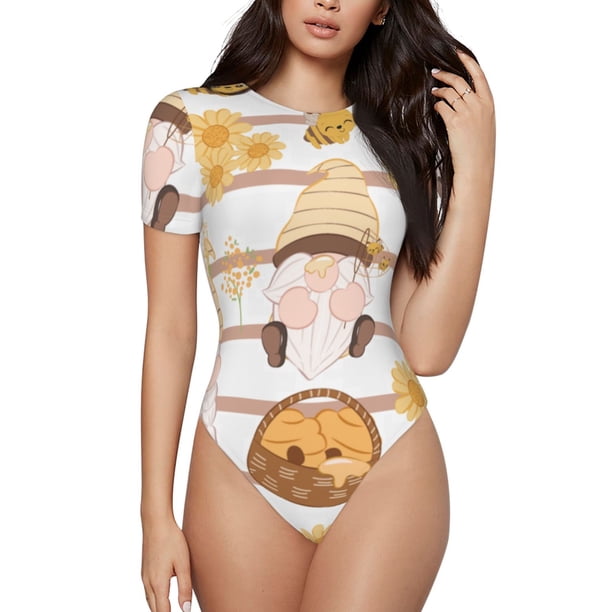 Balery Cute Bee Gnome Body de cuello redondo de manga corta para mujer Tops de manga corta Tops básicos-XX-Large
