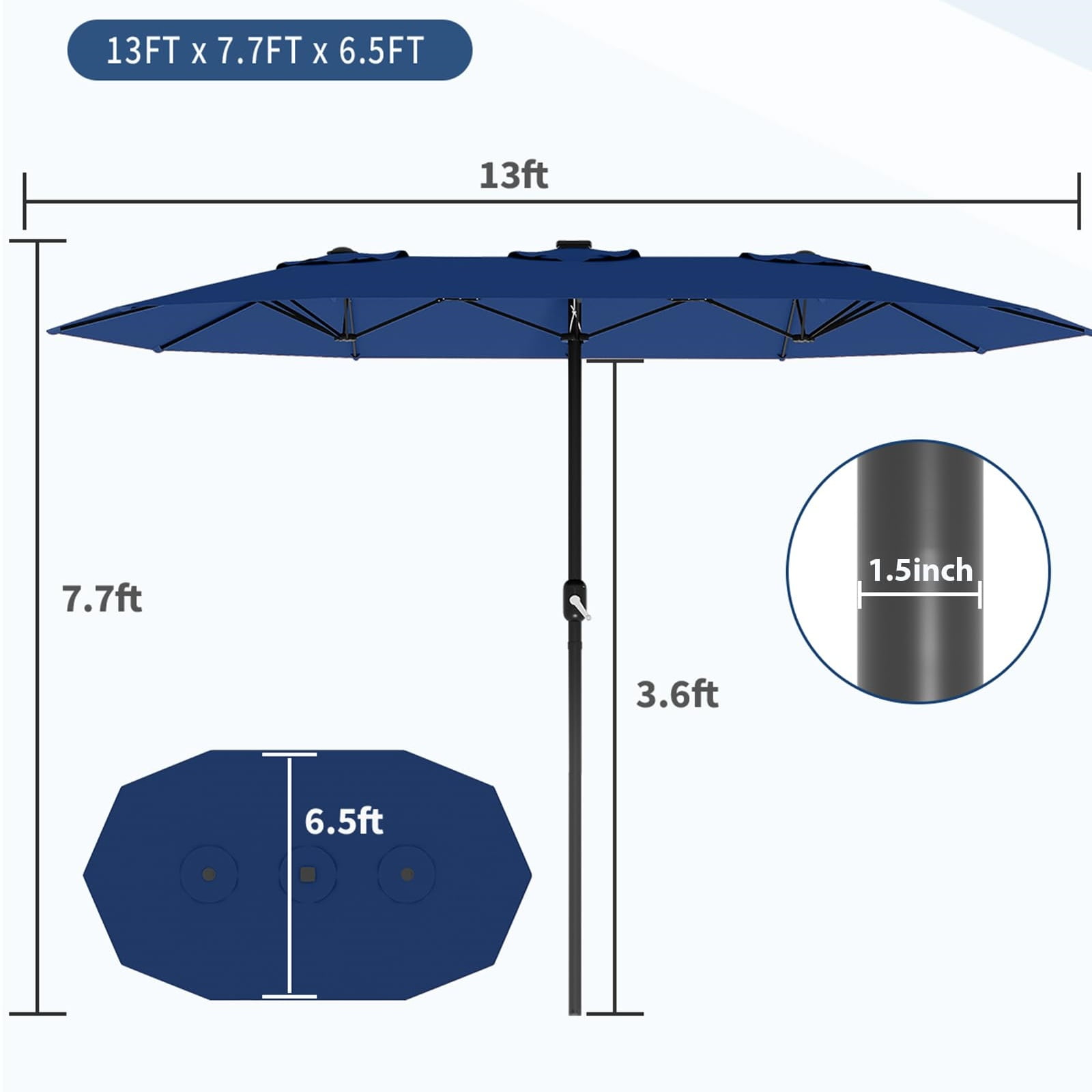 WildBreak Triple Size Large Patio Umbrella, with Crank Handle, Double-Sided, 13' x 6.5', Blue