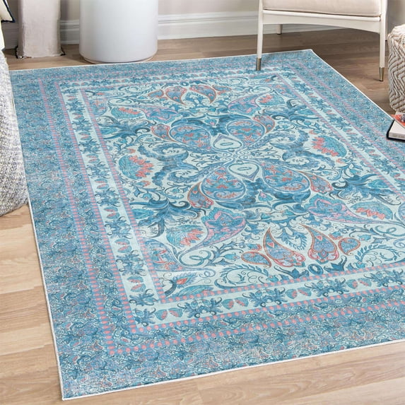 Oriental Decorative Rug, Bohemian Asian Culture Flowers Folk Artwork Traditional Floral Design, Quality Carpet for Bedroom Dorm and Living Room, 6 Sizes, Pale Blue, by Ambesonne