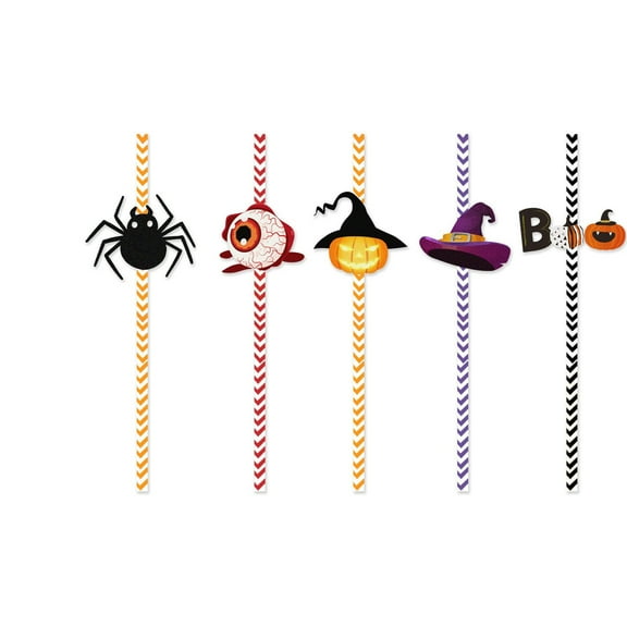 CASAFUN Halloween Straws, 24PCS Halloween Party Straws Paper Straight Straw Disposable Spider Pumpkin Lamp Witch Straw for Halloween Party Supplies Birthday Decoration