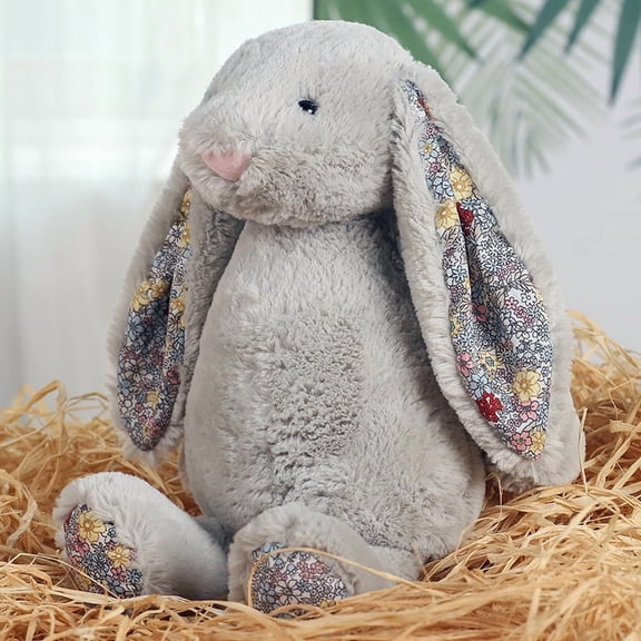 9.8" Pebble Grey Easter Bunny Plush Toy with Flower Pattern Ears - Floral Rabbit Stuffed Animal Doll - Soft Fuzzy Vintage Cottagecore Spring Decor & Basket Stuffer Gift for Boys Modern Cuddly Toy