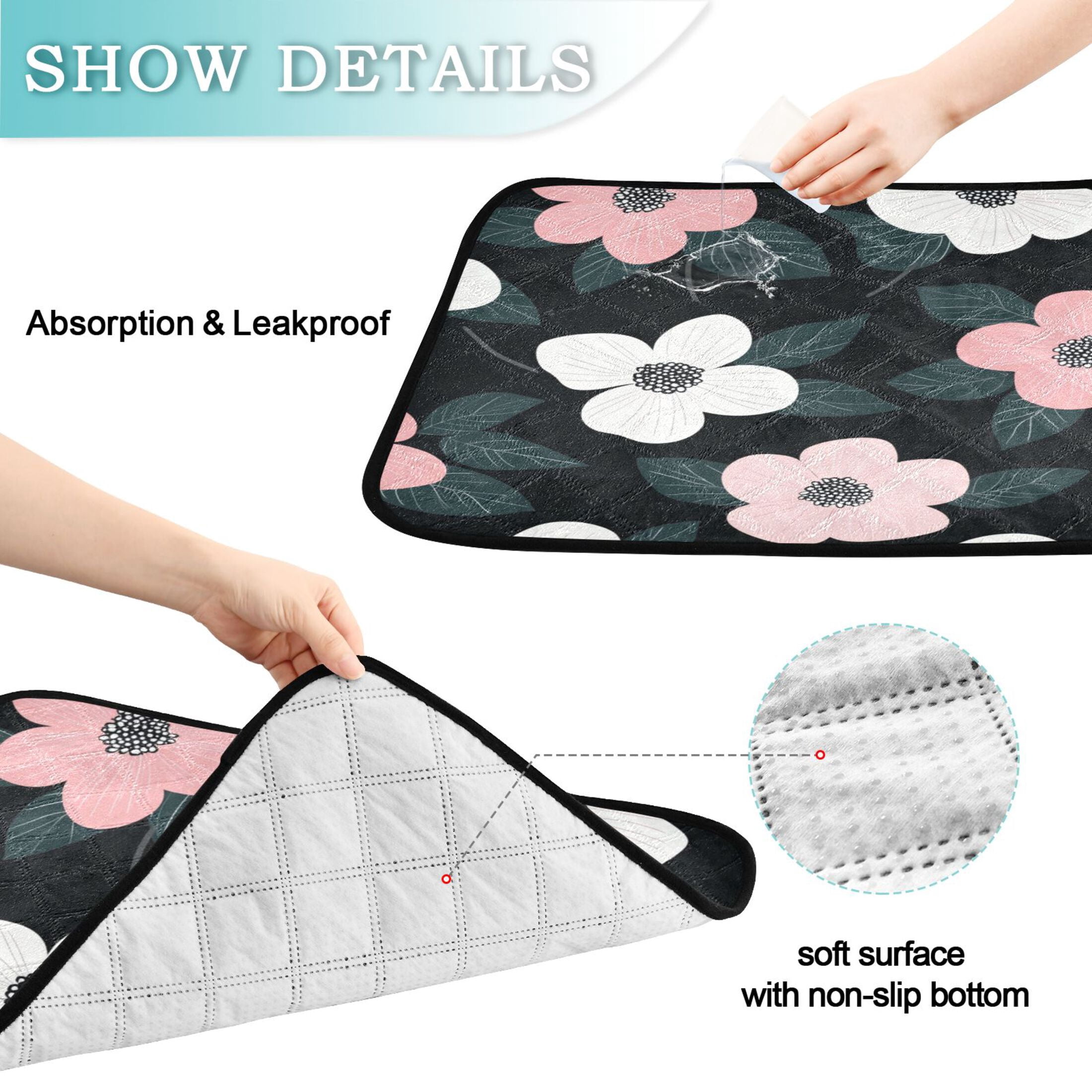 Qxltty Illustration Of Pink and White Flowers Cat litter Pads Pet Set of 3 Diaper Mats Center Anti-leakage Layer Absorbent Soft and Comfortable