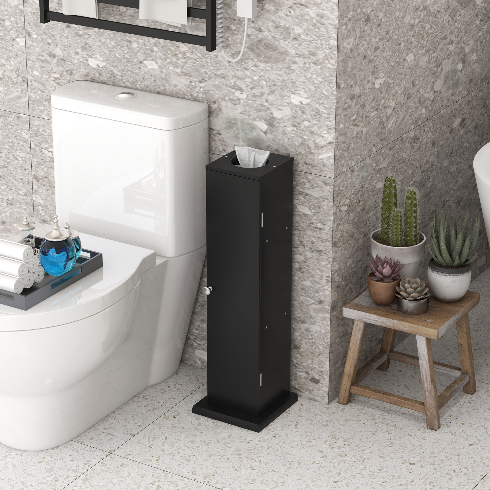 HOQBN Small Toilet Paper Cabinet, Bathroom Corner Cabinet with Doors and Shelves for Paper Shampoo, Black