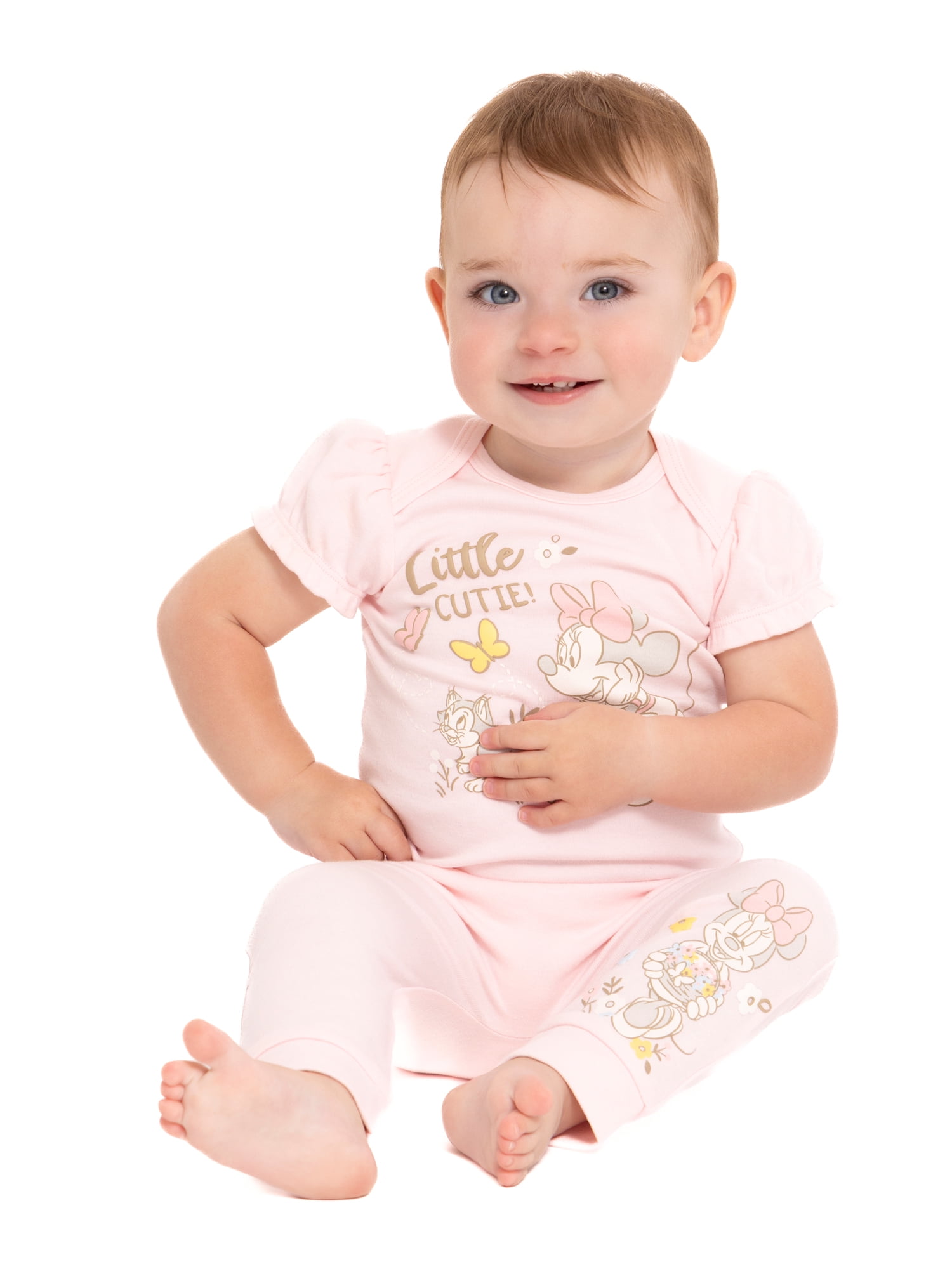 Disney Baby Wishes + Dreams Minnie Mouse Baby Girls Bodysuit with Puff Sleeves, 3-Pack, Sizes Newborn-18 Months