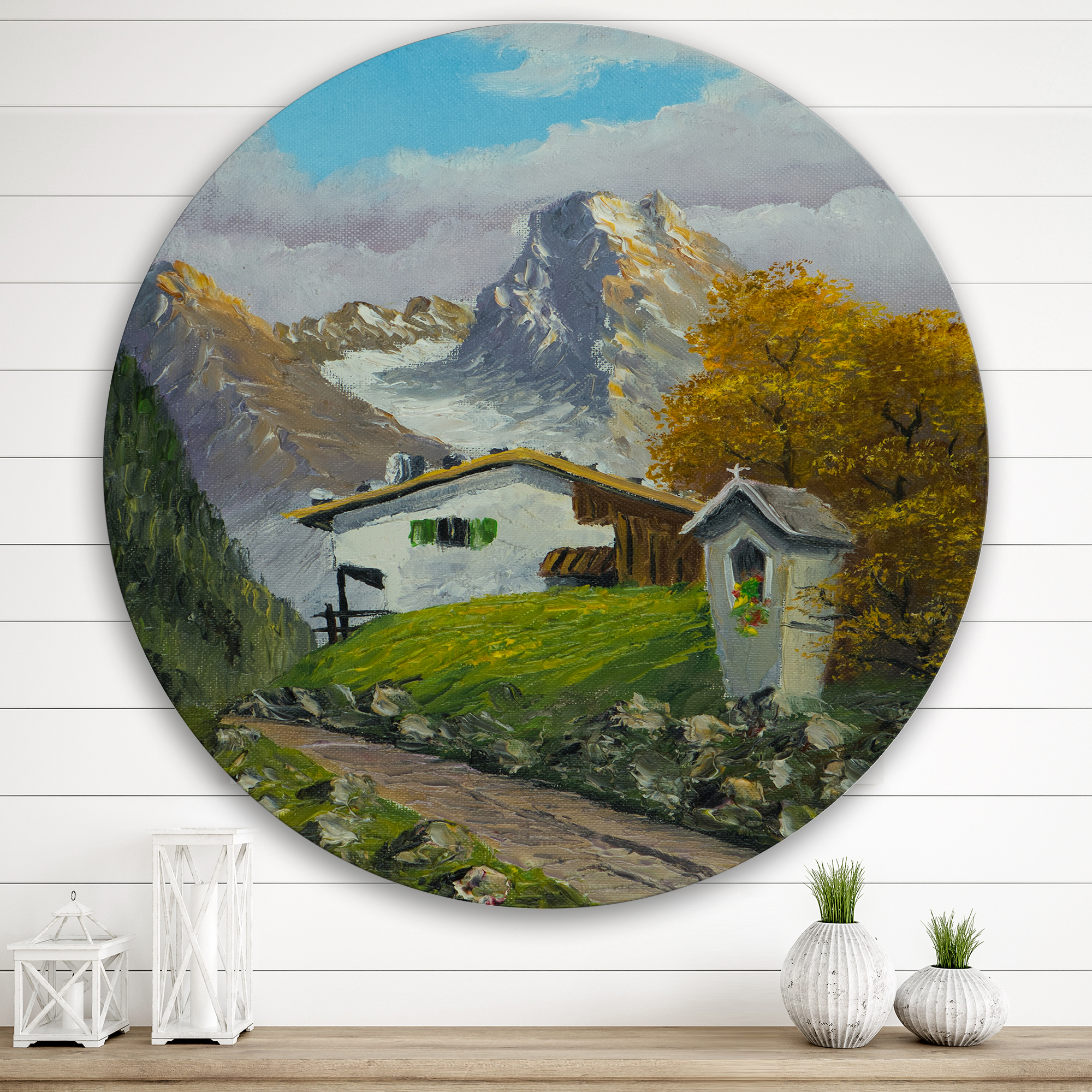Designart 'The Path Leading To A House Along Wayside Shrine' Farmhouse Circle Metal Wall Art 29x29 - Disc of 29