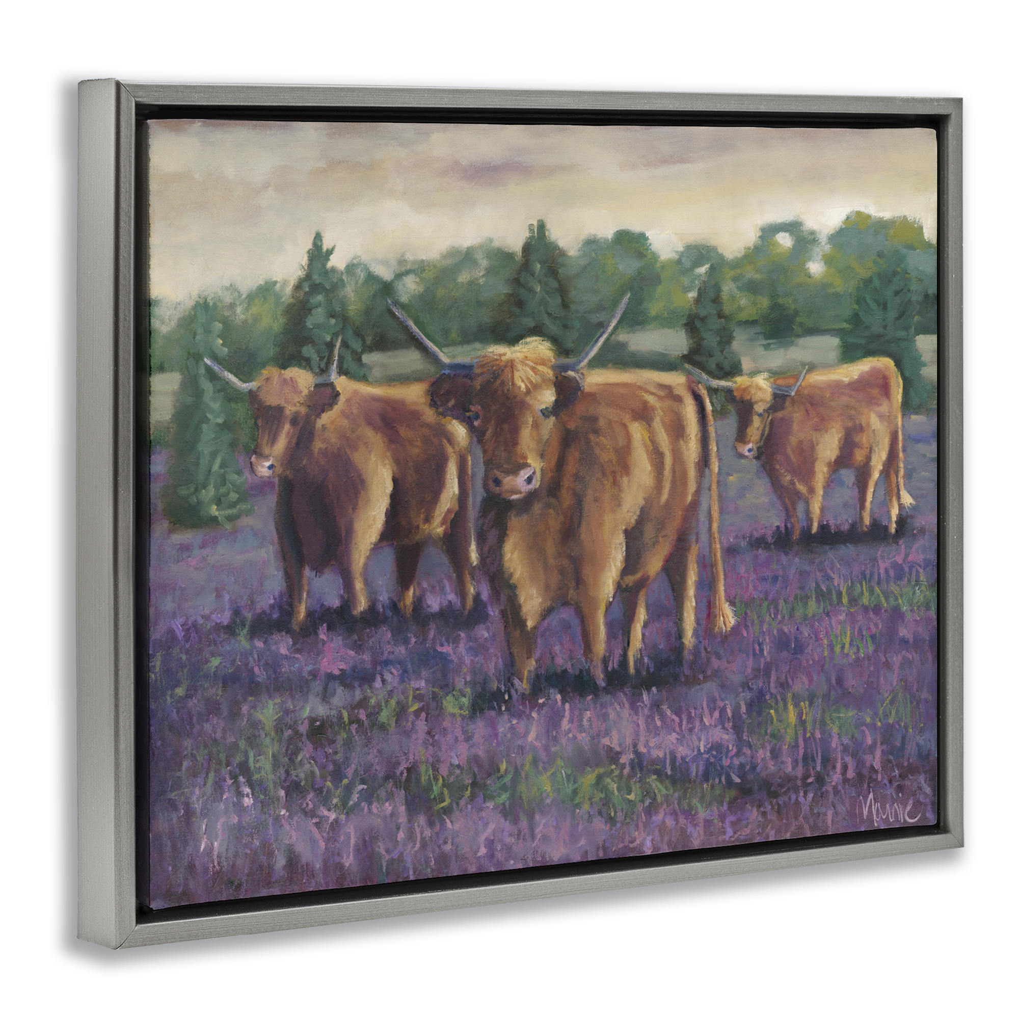 Purple Fields & Cows Gray Framed Floater Canvas Wall Art, design by Marnie Bourque