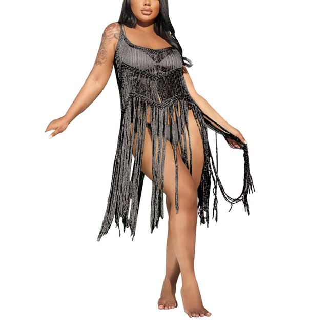 VISgogo Vestido con flecos para mujer, vestidos sin mangas con cuello en U de color sólido, ropa de playa hueca, S/ M/ L/ XL VISgogo moda