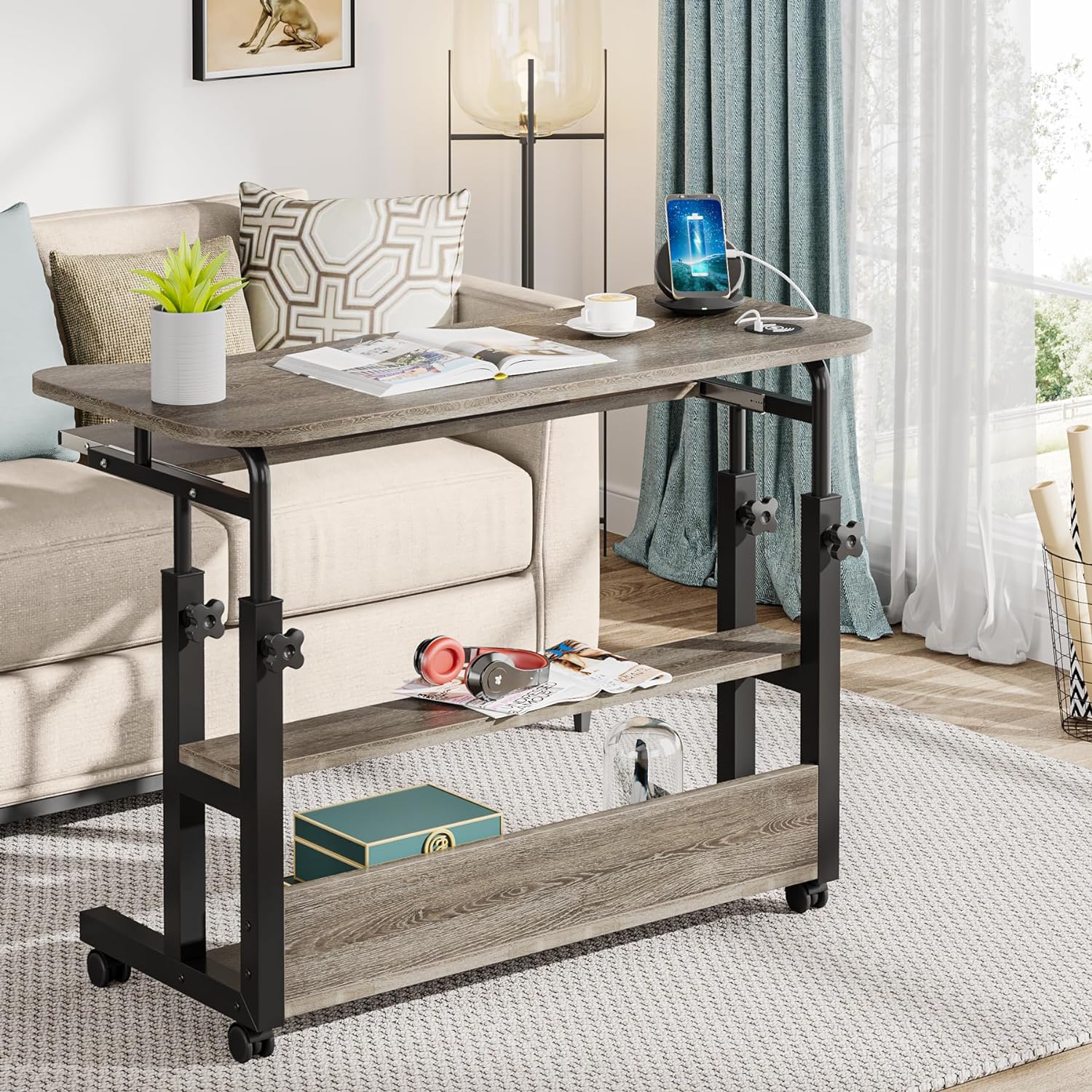 Tribesigns Mobile Computer Desk, Portable Adjustable Height Desk with Power Outlets and Storage Shelves for Home Office, Gray