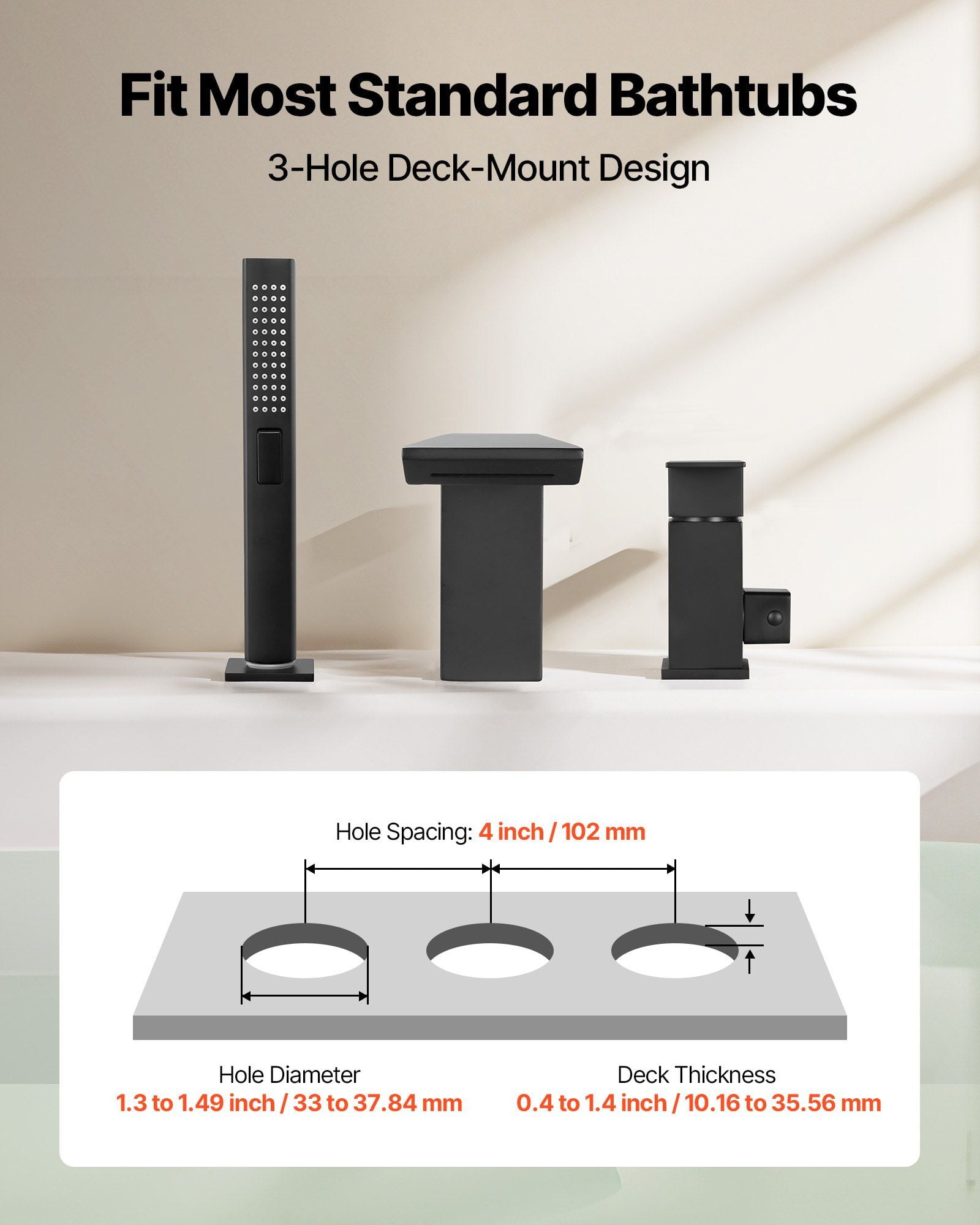 Roman Tub Faucet 3 Hole Waterfall Bathtub Faucet Set with Shower Head