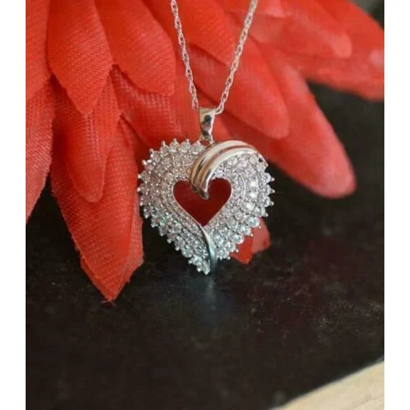 2Ct Round Cut Lab Created Diamond Cluster Heart Love Pendant in 14K White Gold Plated 1.5 inch