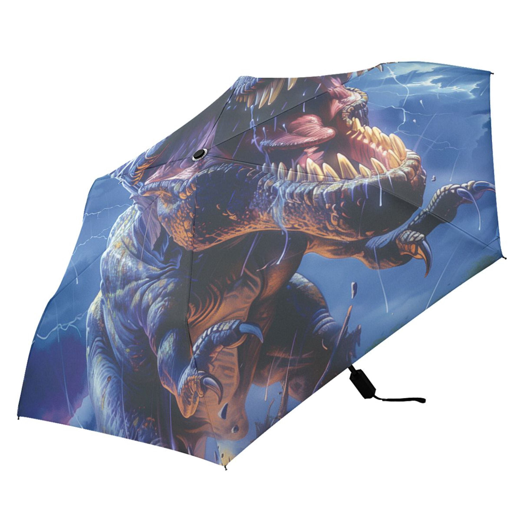 Compact Sun Umbrella Windproof Travel Umbrellas for Rain Strong Portable UV Protection Fierce Dinosaurs in Thunderstorm