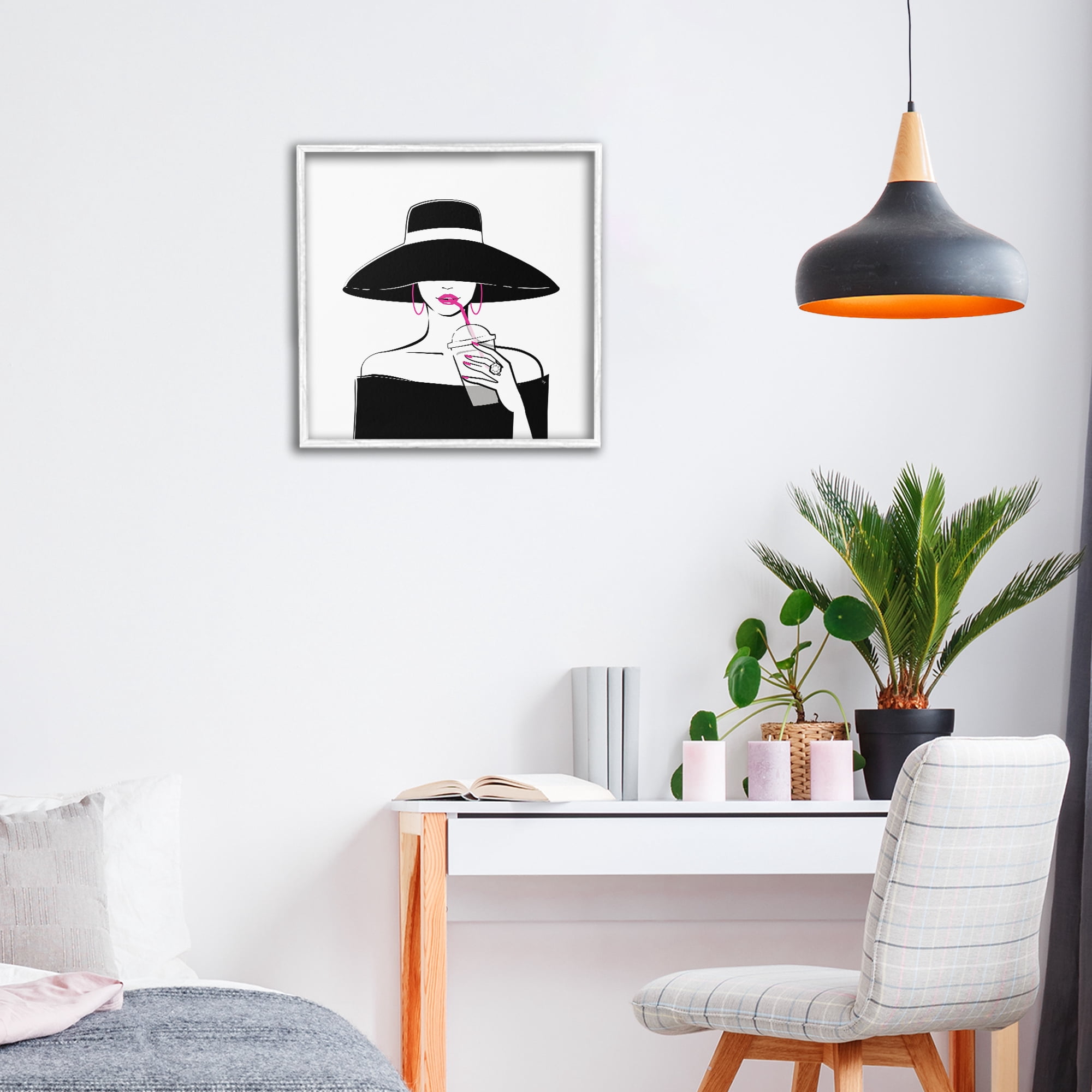 Stupell Industries Chic Black Hat Sipping Coffee White Framed Giclee Art, design by Martina Pavlova