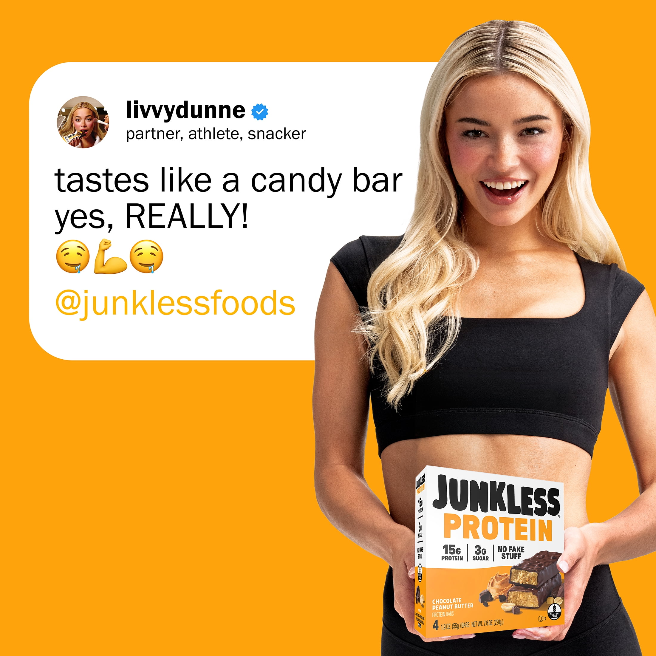 JUNKLESS Peanut Butter Chocolate Protein Bar, 15 g Protein, High Fiber, Gluten Free, 1.9 oz, 4 Count