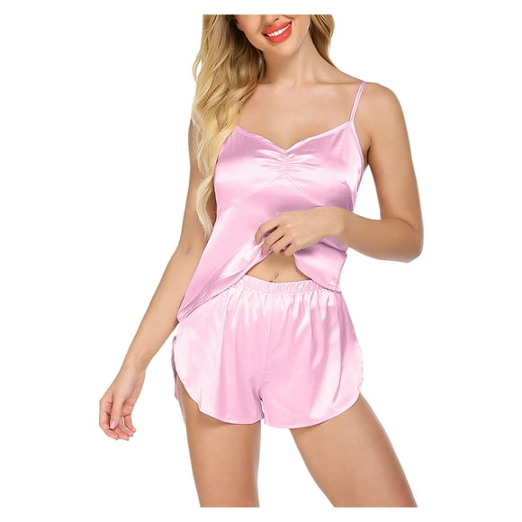 WZXFASHION Women Sexy-Lingerie Sleepwear Satin Silk Babydoll Lace Up Nightwear Pajamas Set Intimates Pink XXXL