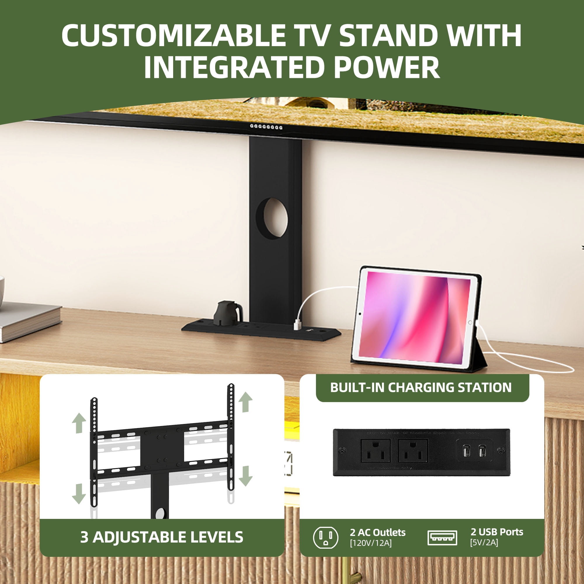 Uforic 65" TV Stand with Mount for 32-75" TVs, Height Adjustable Fluted Entertainment Center, Oak