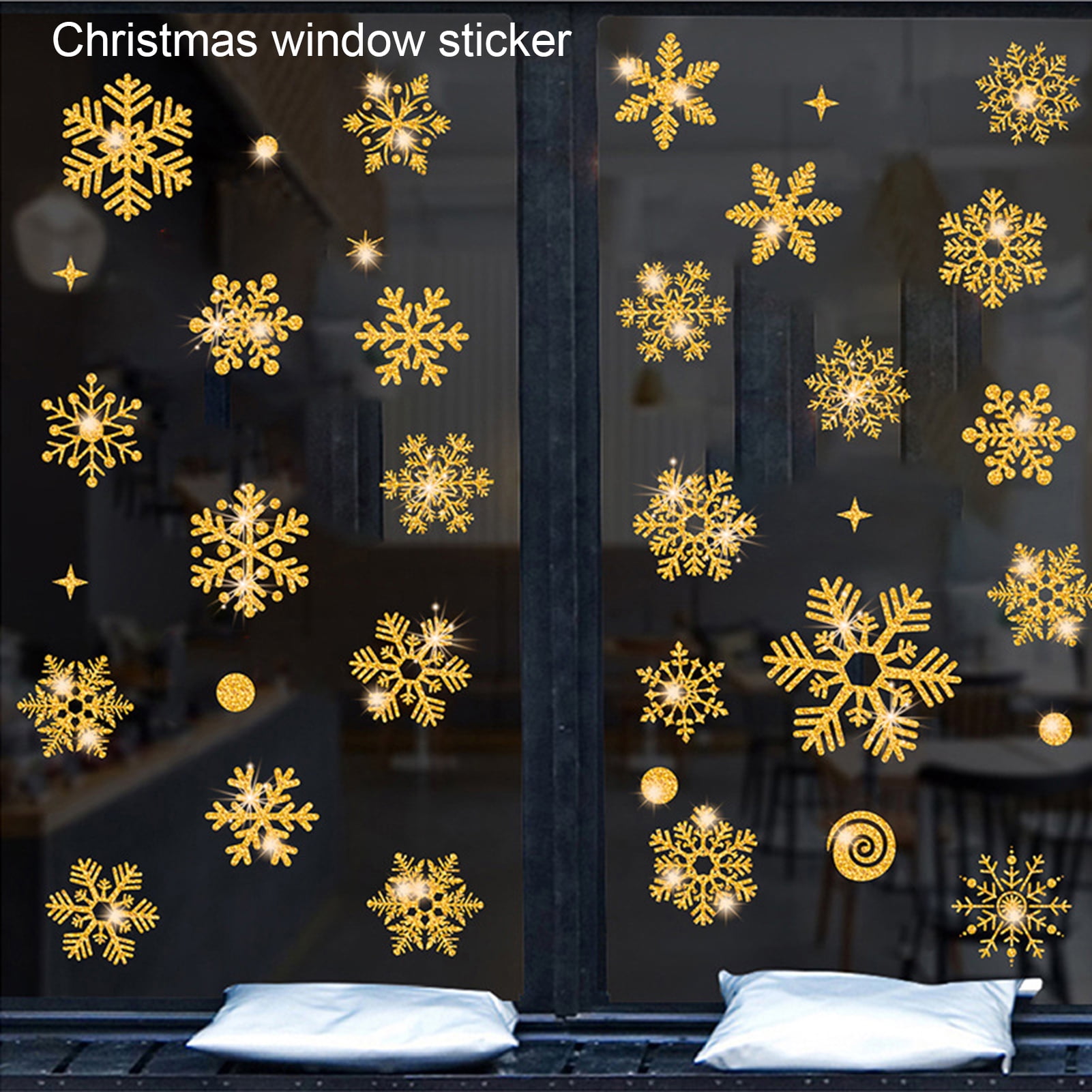 GOLD GLITTER WINDOW CLINGS SNOW STICKERS CHRISTMAS DECORATIONS 