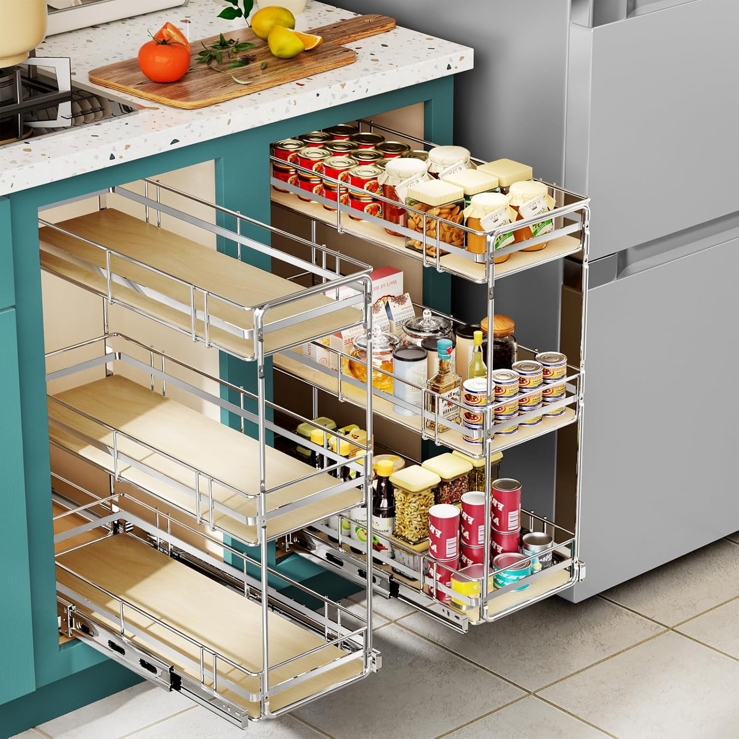 Pull Out Spice Rack Cabinet Organizer (8" W X 20½" D),3 Tier Slide Out Drawer for Narrow Cabinet, Pull Out Shelves Under Cabinet Storage for Kitchen