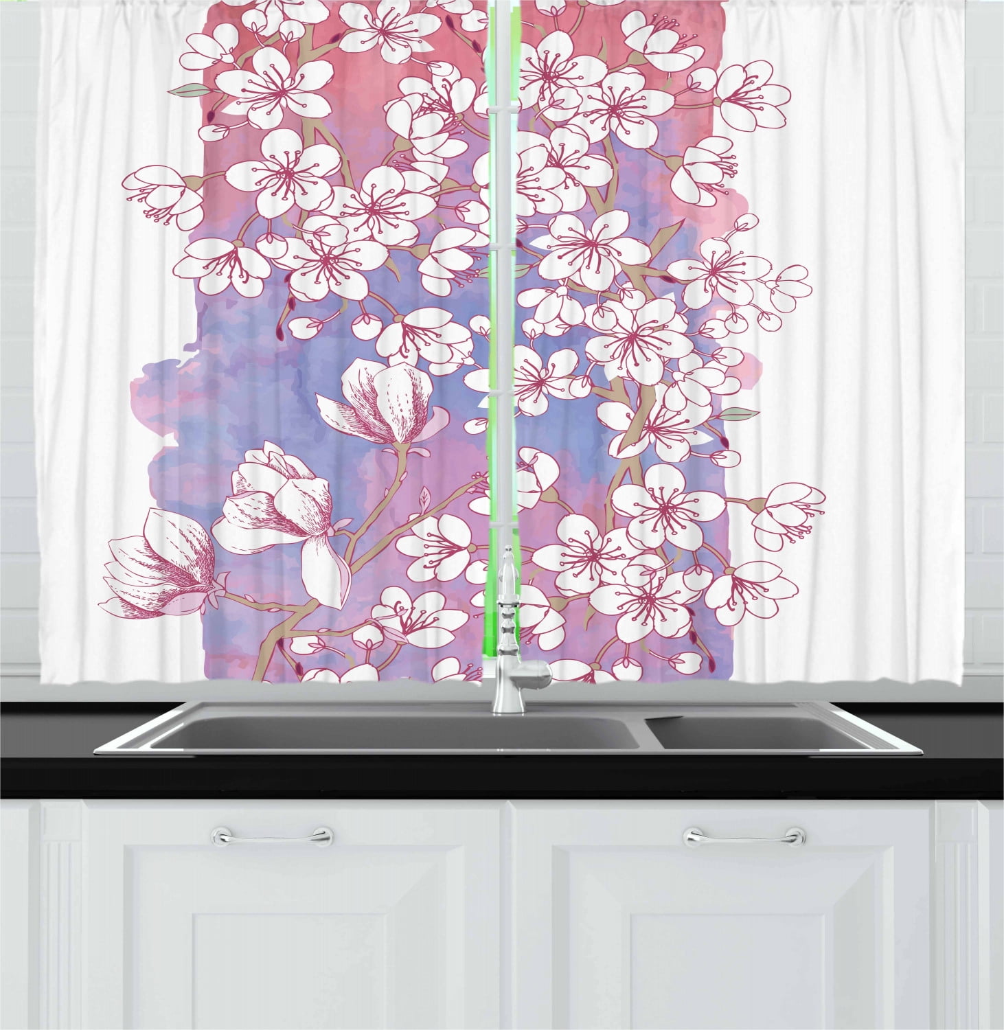 Magnolia Curtains 2 Panels Set, Japanese Spring Blossom with Magnolia Flowers on Watercolor Backdrop, Window Drapes for Living Room Bedroom, 55W X 39L Inches, Lavender Pink and Green, by Ambesonne