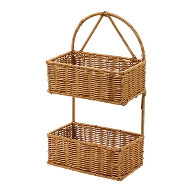 Cesta colgante de pared de ratán sintético, cesta tejida para colgar en cocina, organizadora decorativa para sala de estar, jardín, balcón y hogar. Rectángulo de 2 capas