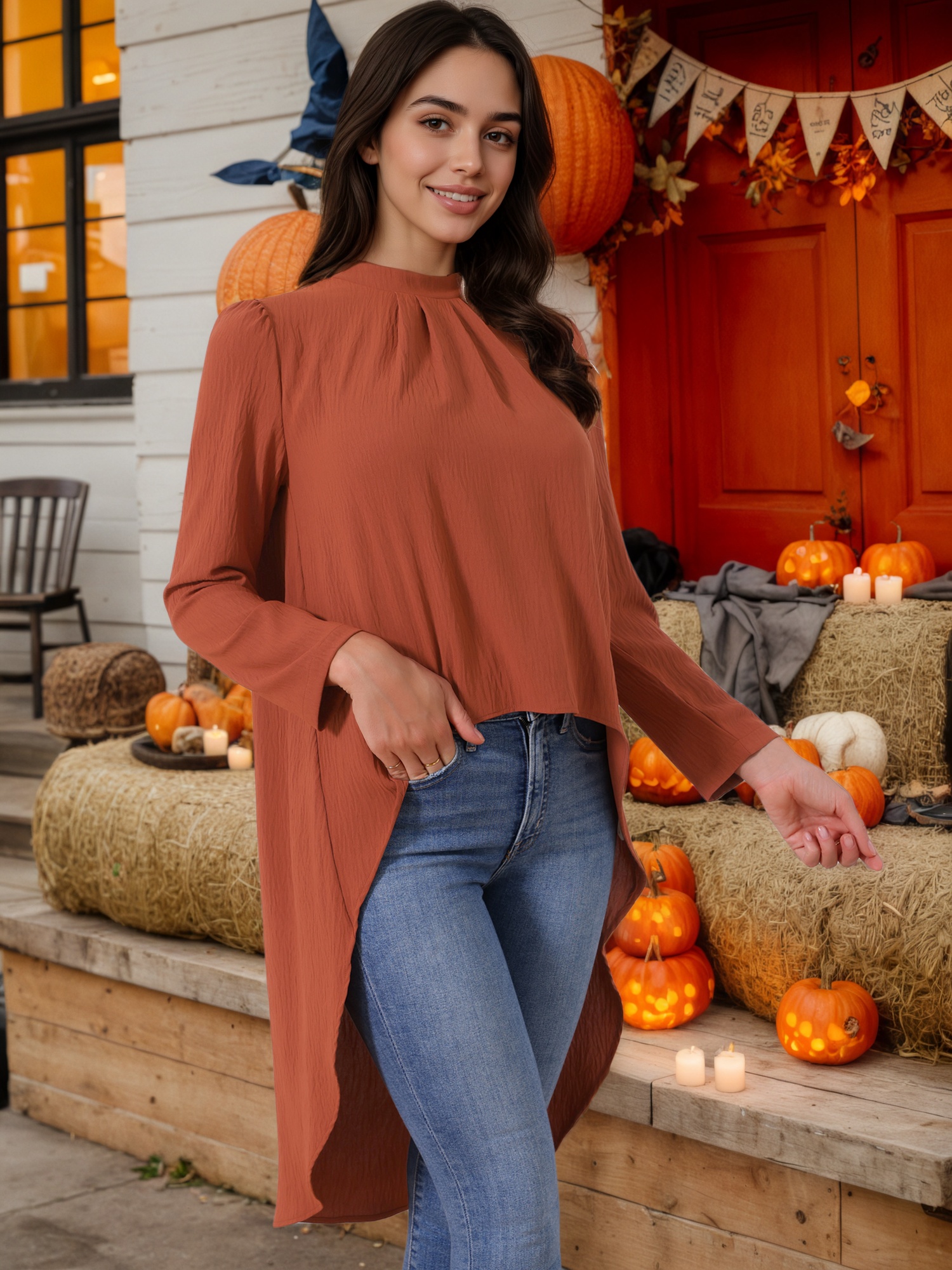 DARING DIVA Women's High Low Long Sleeve Asymmetrical Hem Casual Blouse L Brick Red