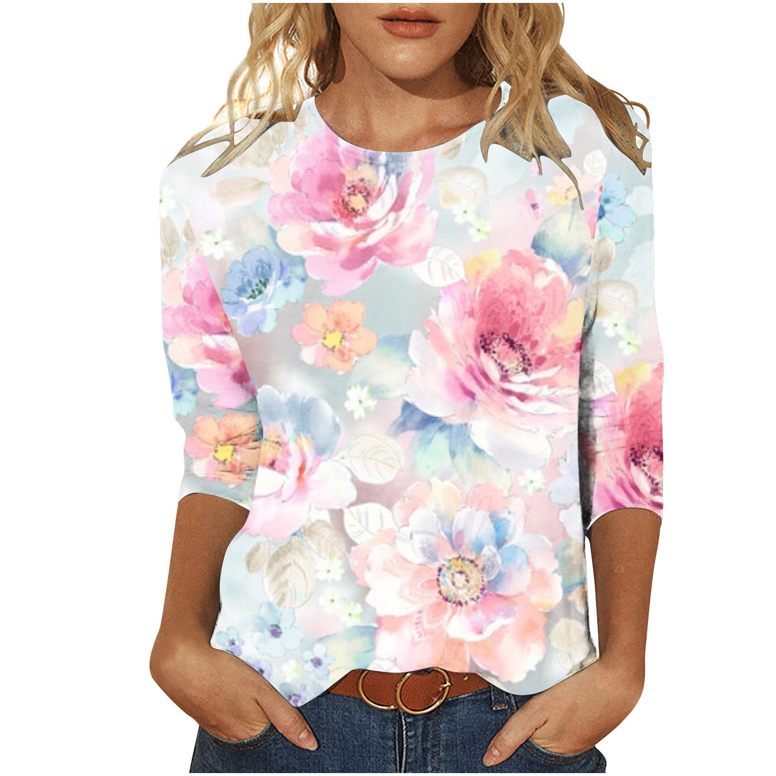 tklpehg Womens Tops Dressy Casual Clearance Ladies Tops Summer Shirts  Relaxed Fit 3/4 Sleeve T Shirts Crewneck Three Quarter Sleeve Floral  Printed Blouses Pink 6 (M) 