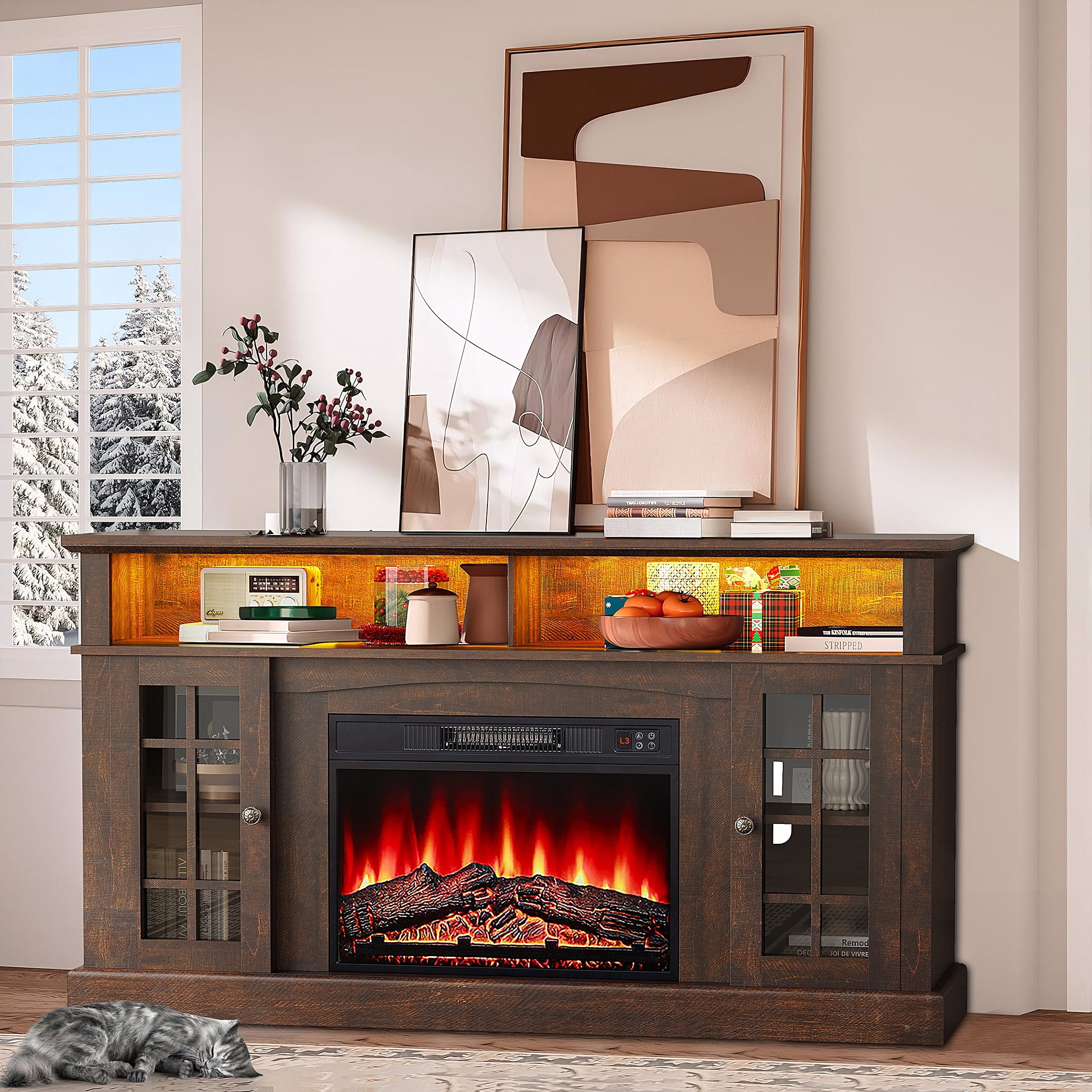 SESSLIFE Fireplace TV Stand for 65 Inch TV, LED TV Console with 23''Electric Fireplace, Entertainment Center Television Table for Living Room or Bedroom, Brown