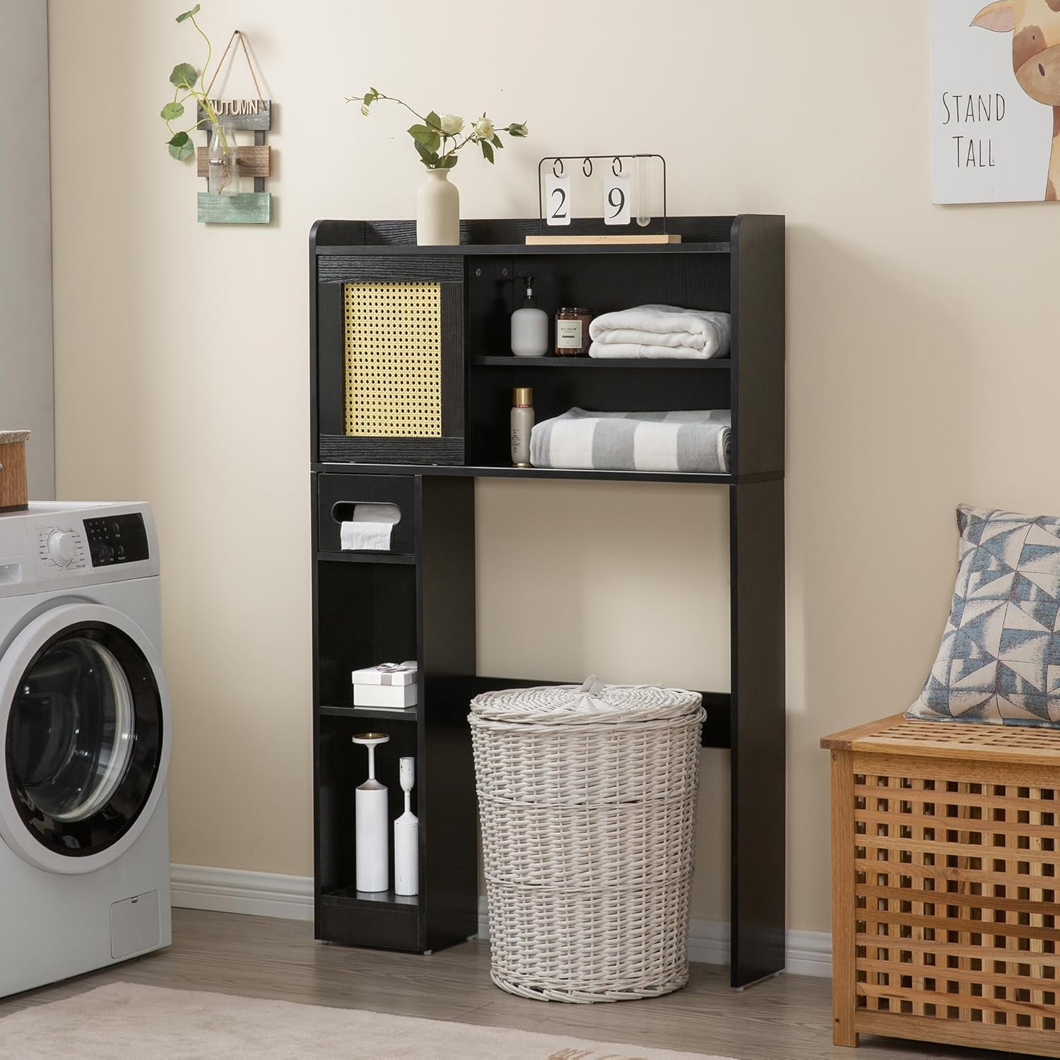 Reliancer 6-Tier Over The Toilet Storage Cabinet, Bathroom Space Saver Organizer Shelves with Sliding Door, Adjustable Shelves