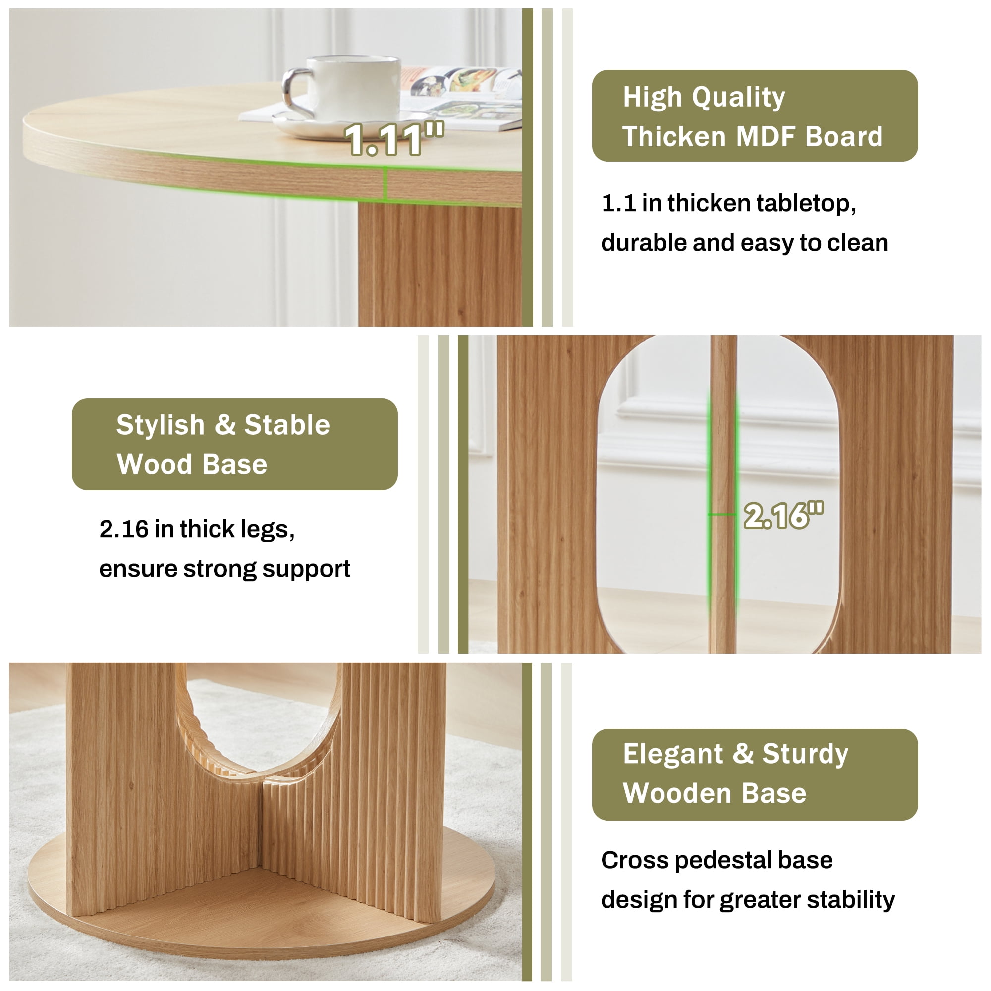 PHOYAL 47 inch Round Dining Table, Circle Kitchen Table for 4-6, Large Wood Dinner Table, Wooden Fluted Pedestal Dinning Table for Dining Room, Mid Century Modern Style, Natural