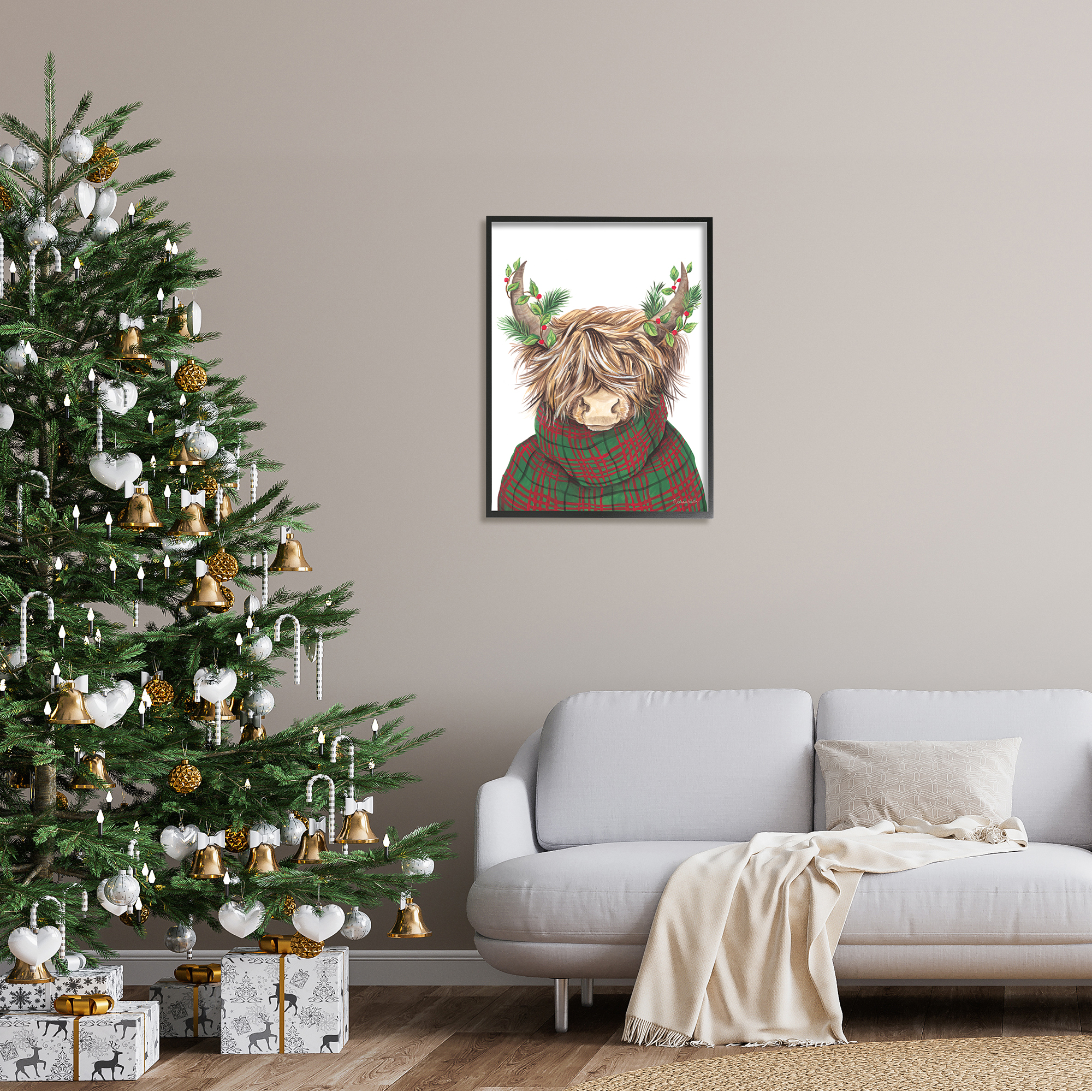Stupell Industries Christmas Plaid Sweater Highland Cattle Festive Long Horns, 24 x 30,Design by Diane Kater