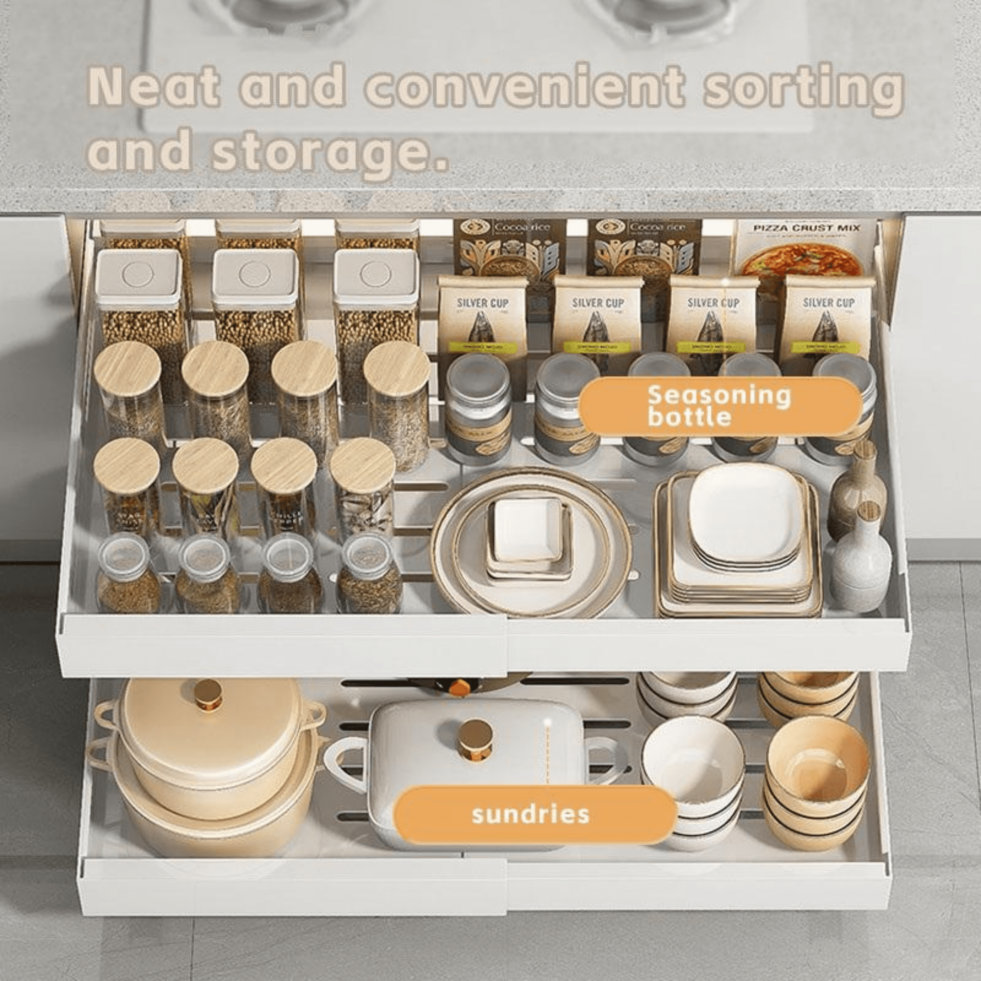Expandable Pull Out Cabinet Organizer, 12–21 Inch Slide Out Drawer Shelf, Heavy Duty Carbon Steel Storage Rack with Adhesive Installation for Kitchen Bathroom Cabinet