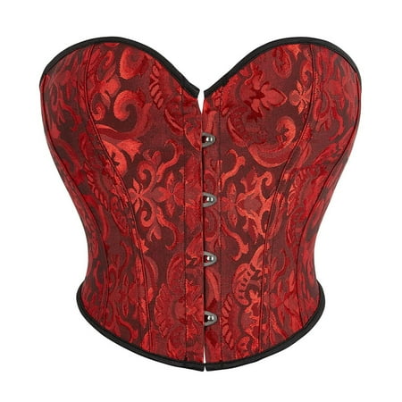 CHCNHAC Bustier Tops for Women Floral Trim Corset Bodysuit Satin Boned Lace Up Shapewear Bodysuit Cute Plus Size Victorian Corsets Deep Red S