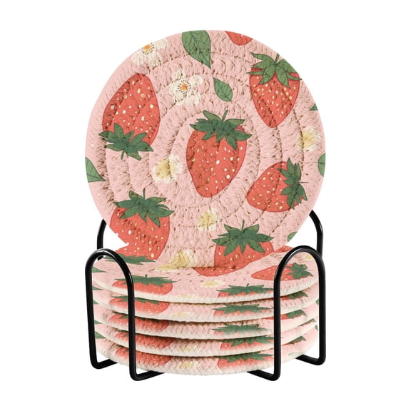 Haosy Set of 6 Drink Woven Coaster with Holder Heat Resistant Non-Slip Bar Coasters 4 Inches Strawberry Leaves Fower