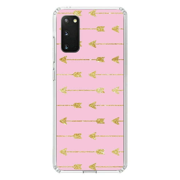 DistinctInk Clear Shockproof Hybrid Case for Galaxy S20 ULTRA / 5G (6.9" Screen) - TPU Bumper, Acrylic Back, Tempered Glass Screen Protector - Pink & Gold Print - Arrows Pattern