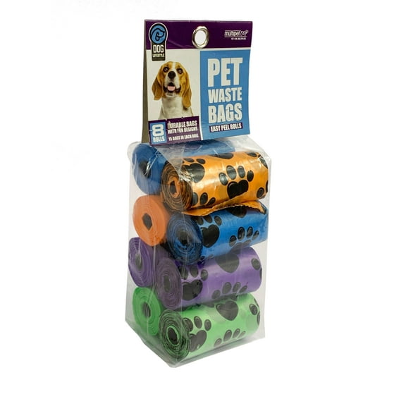 Multipet Paw Print Waste Bags 8 Pack, 15 per Roll, Total 120, Assortment of Paw Print and Color Variety